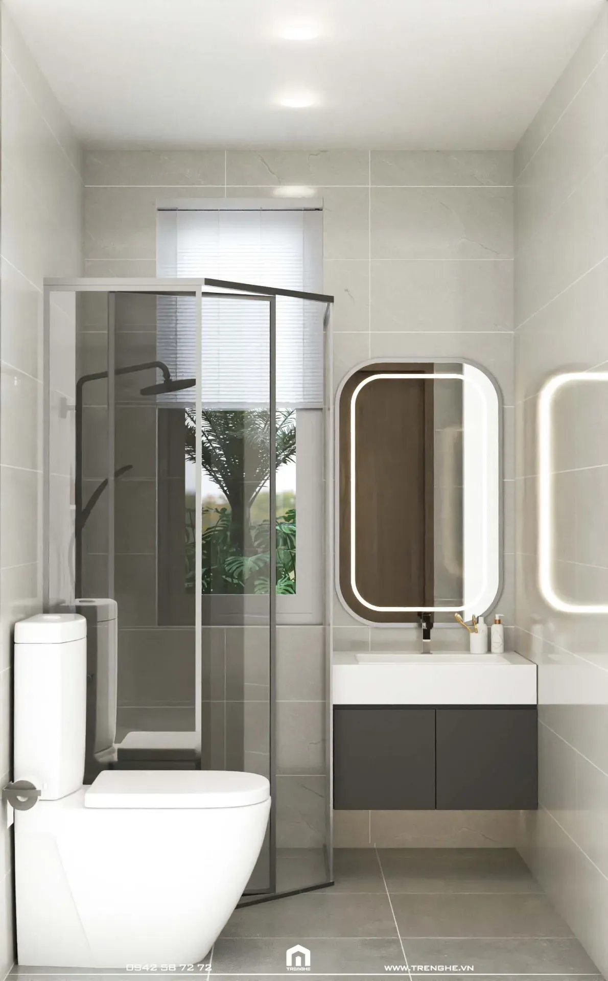 Phòng tắm đứng vách ngăn kính tại nhà vệ sinh H’ House