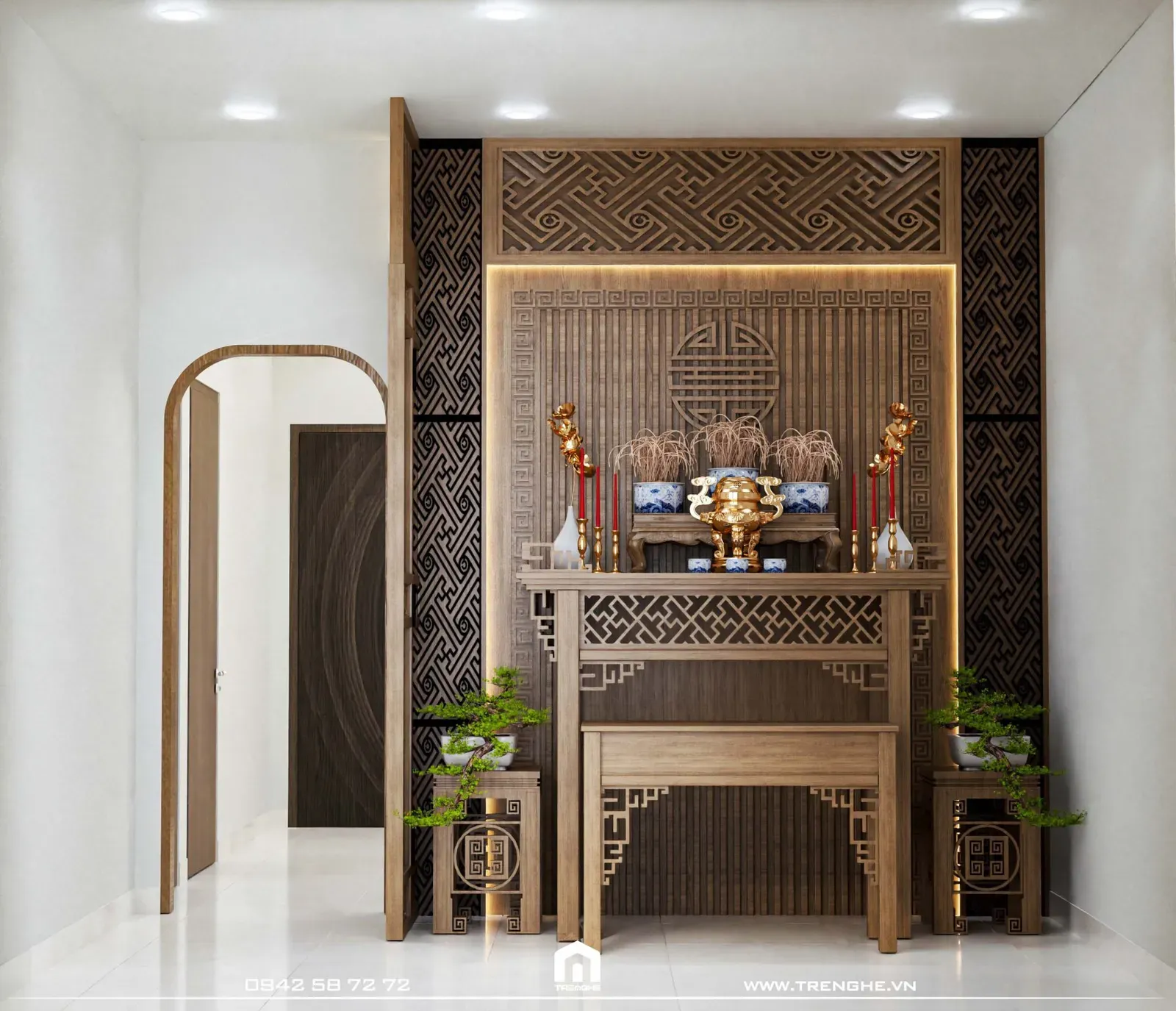 Không gian phòng thờ sử dụng vật liệu gỗ chủ đạo tại nhà phố H’ House