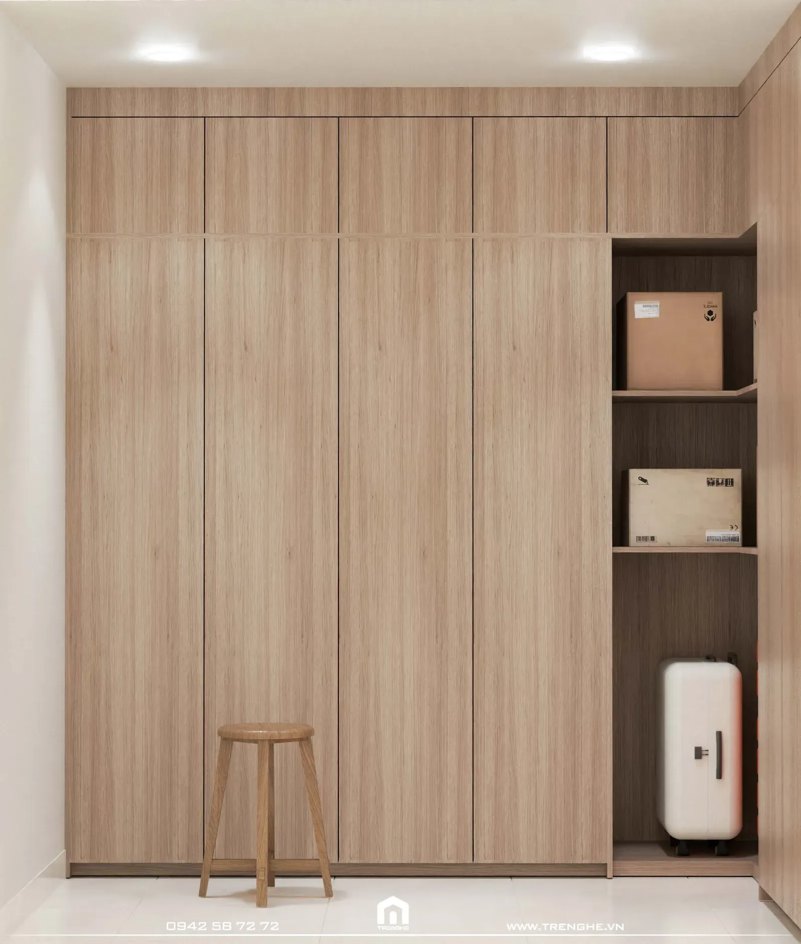 Phòng ngủ nhà phố H’ House bố trí tủ quần áo cùng tông