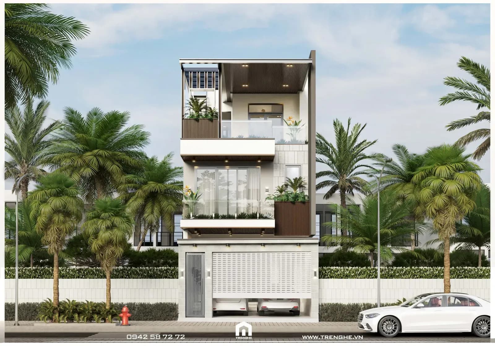 Mặt tiền nhà phố H’ House nổi bật với gam màu xám lạnh và nâu gỗ