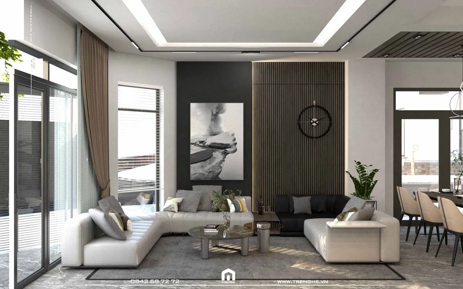 Bộ sofa bọc da được đặt giữa phòng khách nhà phố H’ House