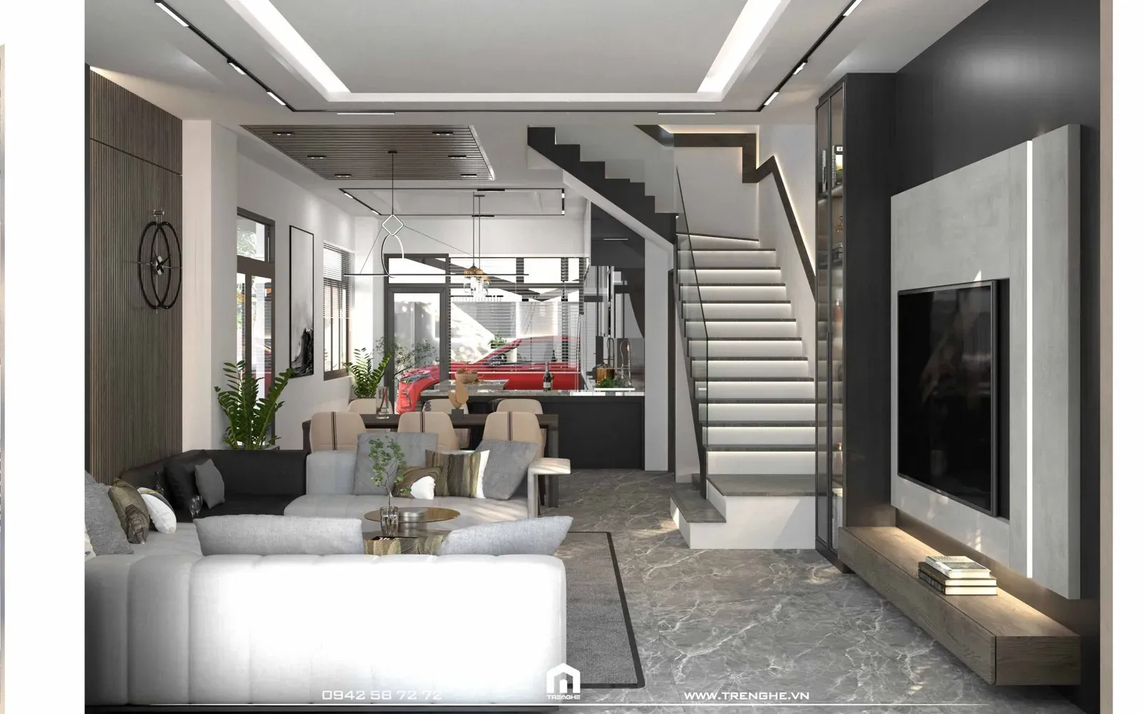 Phòng khách nhà phố H’ House mang gam màu xám nâu lạnh sang trọng