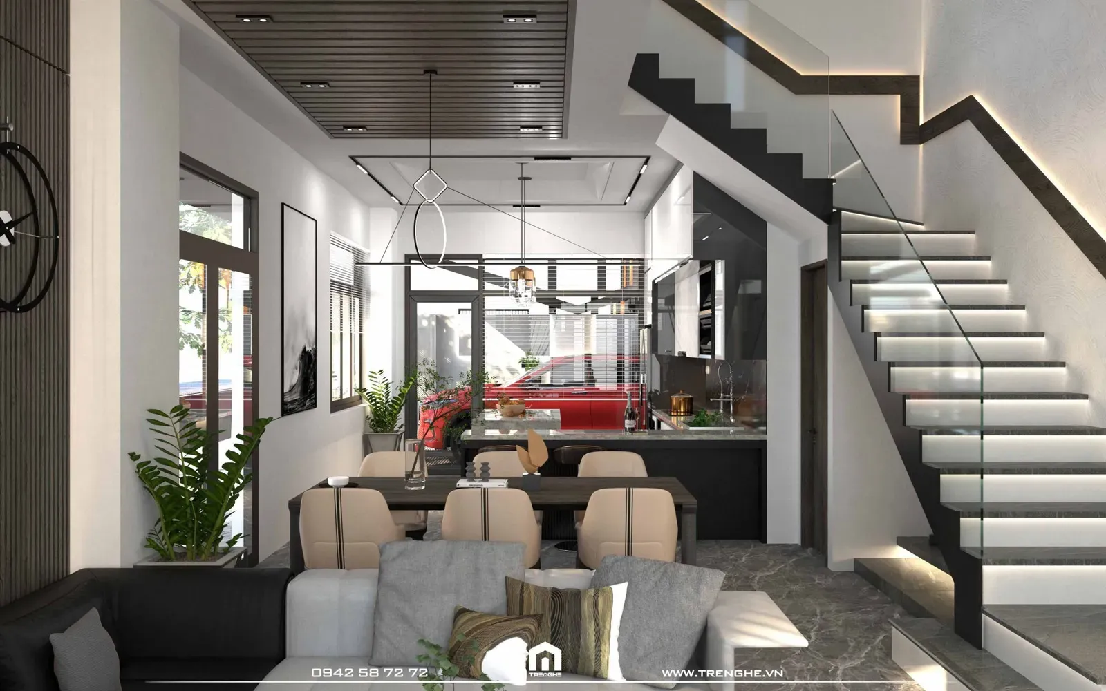 Khu vực cầu thang thông tầng được bố trí liền kề phòng khách nhà phố H’ House