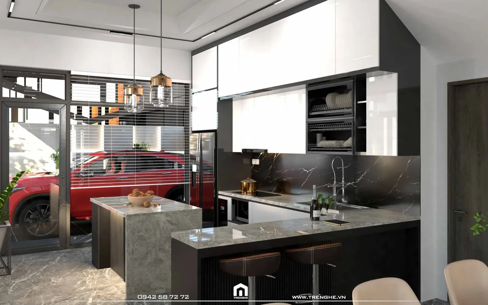 Khu vực bếp ăn nhà phố H’ House bố trí bên cạnh gara ô tô với cửa kính cỡ lớn