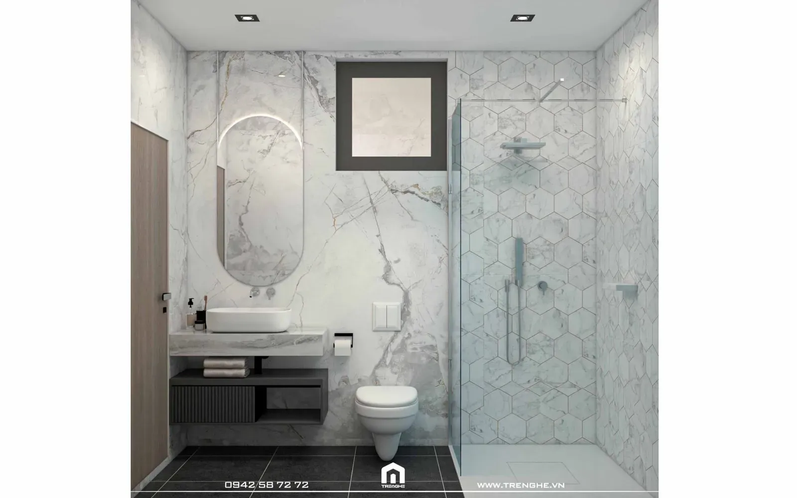 Thiết kế nhà vệ sinh điển hình với phòng tắm đứng riêng biệt