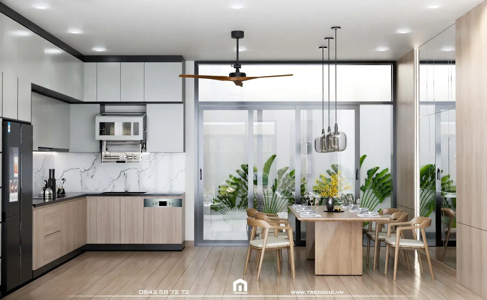 Bàn ăn được làm từ gỗ tự nhiên bố trí tại nhà phố H’ House