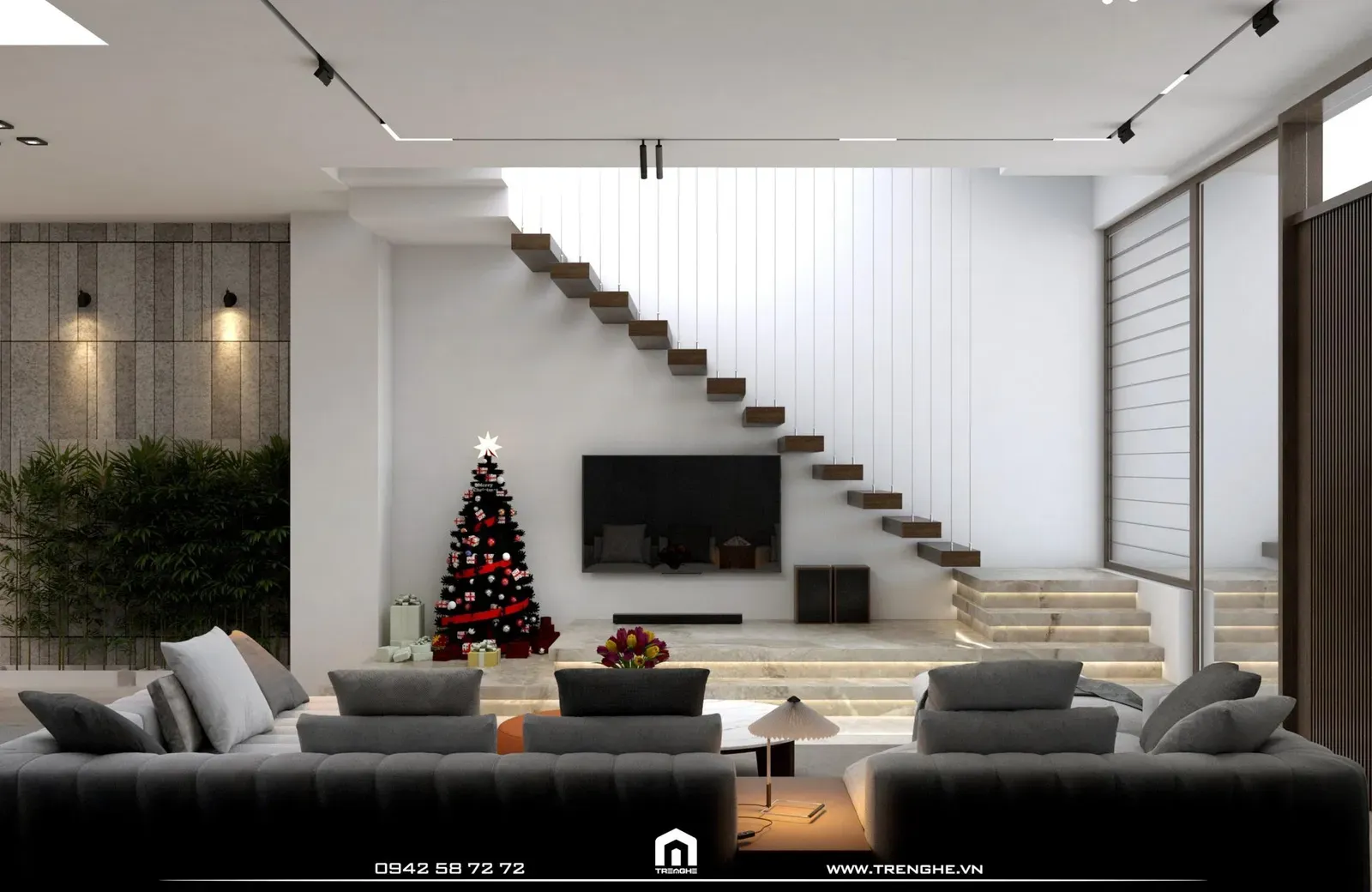 Cầu thang bay sang trọng tại phòng khách KA’ House