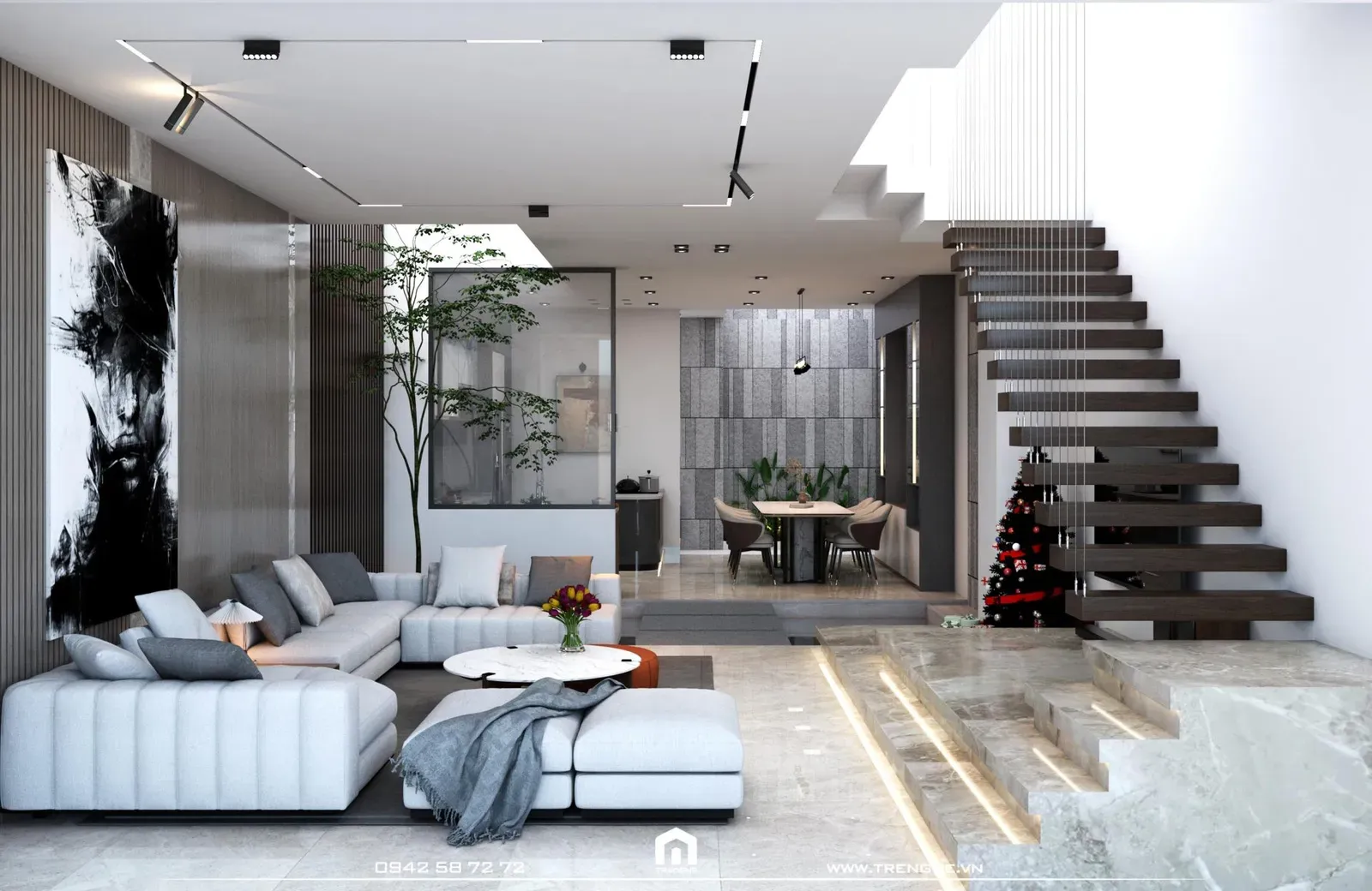 Không gian phòng khách KA’ House thiết kế theo phong cách hiện đại