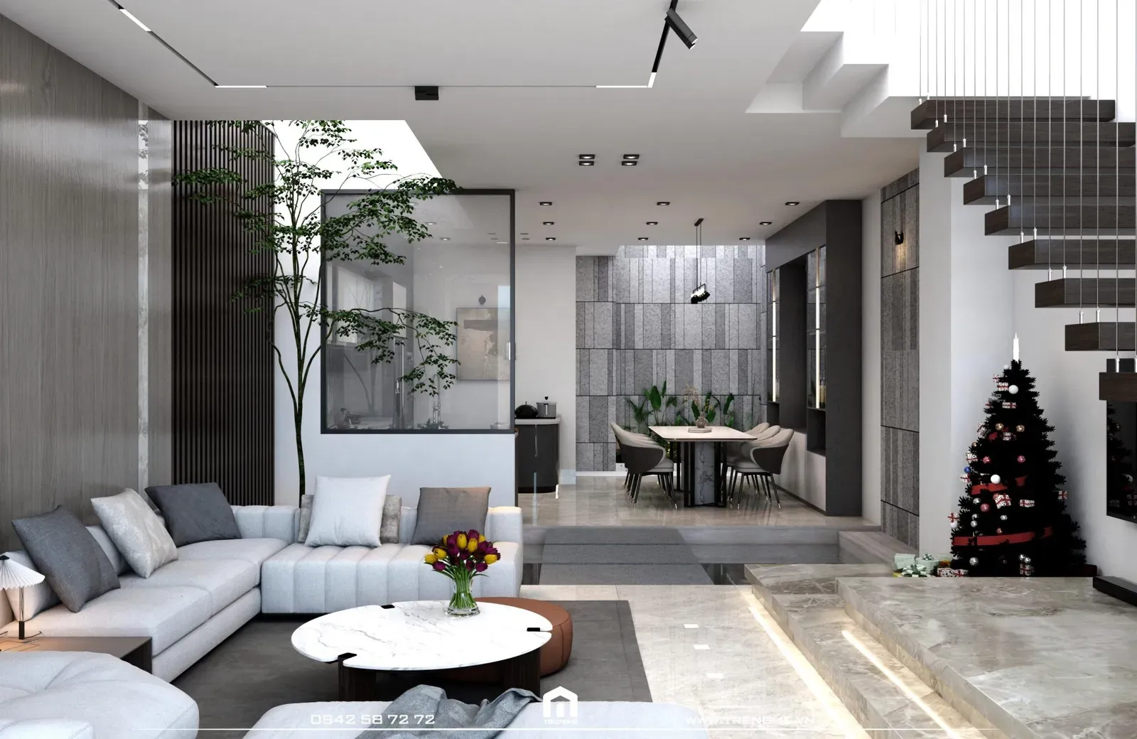 Giếng trời tại vị trí trung tâm ngôi nhà giúp đón lấy nguồn sáng tự nhiên vừa đủ kết hợp cùng nhiều loại cây xanh trang trí