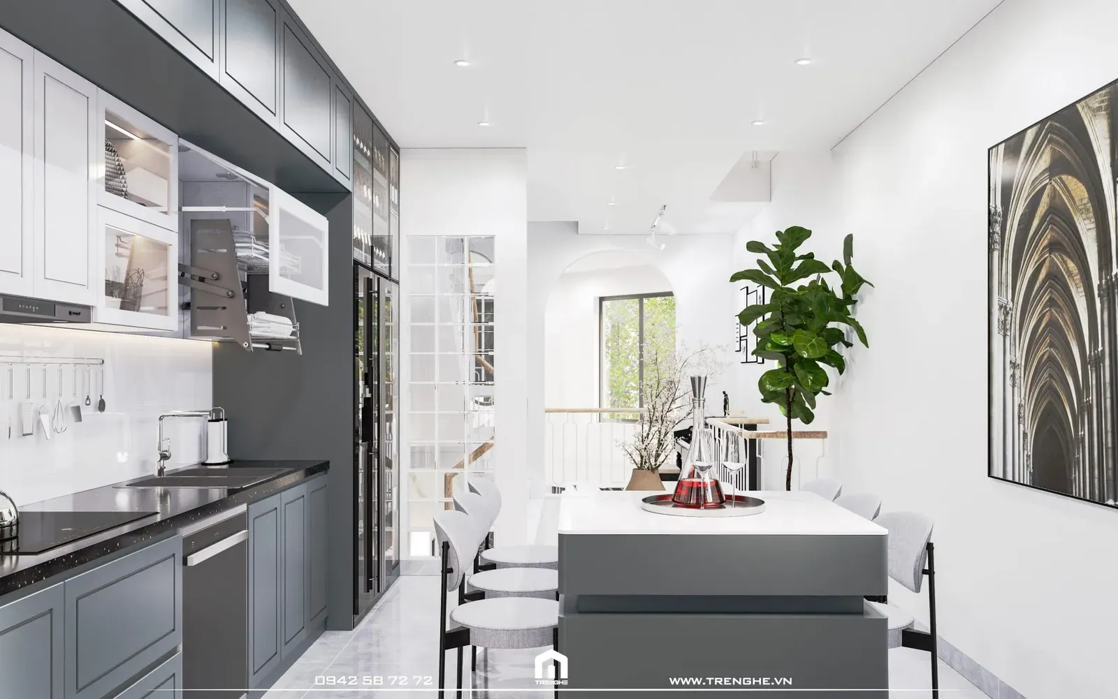 Khu vực bàn ăn nhà phố M' House được bố trí liền kề với đảo bếp mini