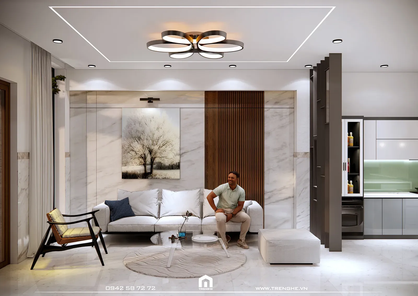 Phòng khách N’ House được Tre Nghệ bố trí bộ ghế sofa lớn