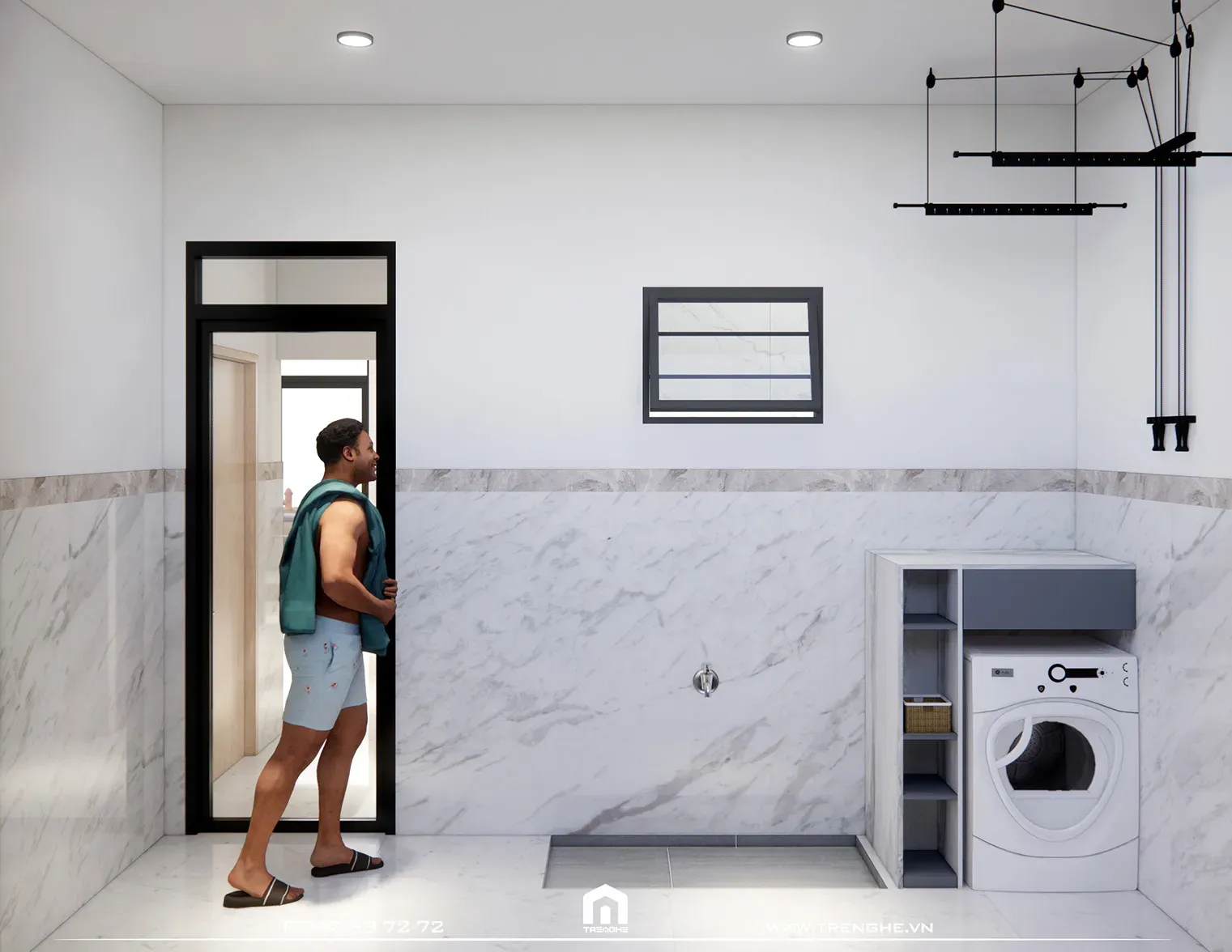 Khu vực giặt phơi tại N’ House được thiết kế tách biệt với không gian phòng tắm