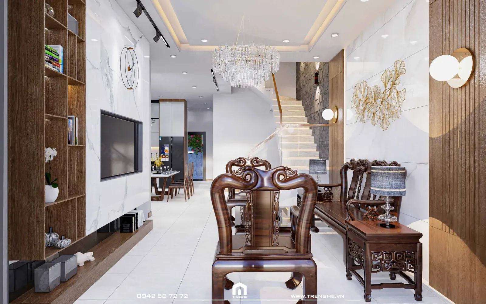 60% vật liệu tại phòng khách nhà phố T’ House là gỗ