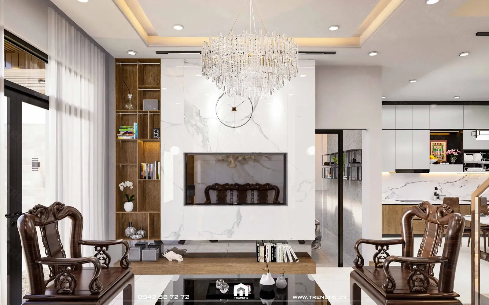 Hệ thống nội thất sang trọng với đèn chùm pha lê tại nhà phố T’ House