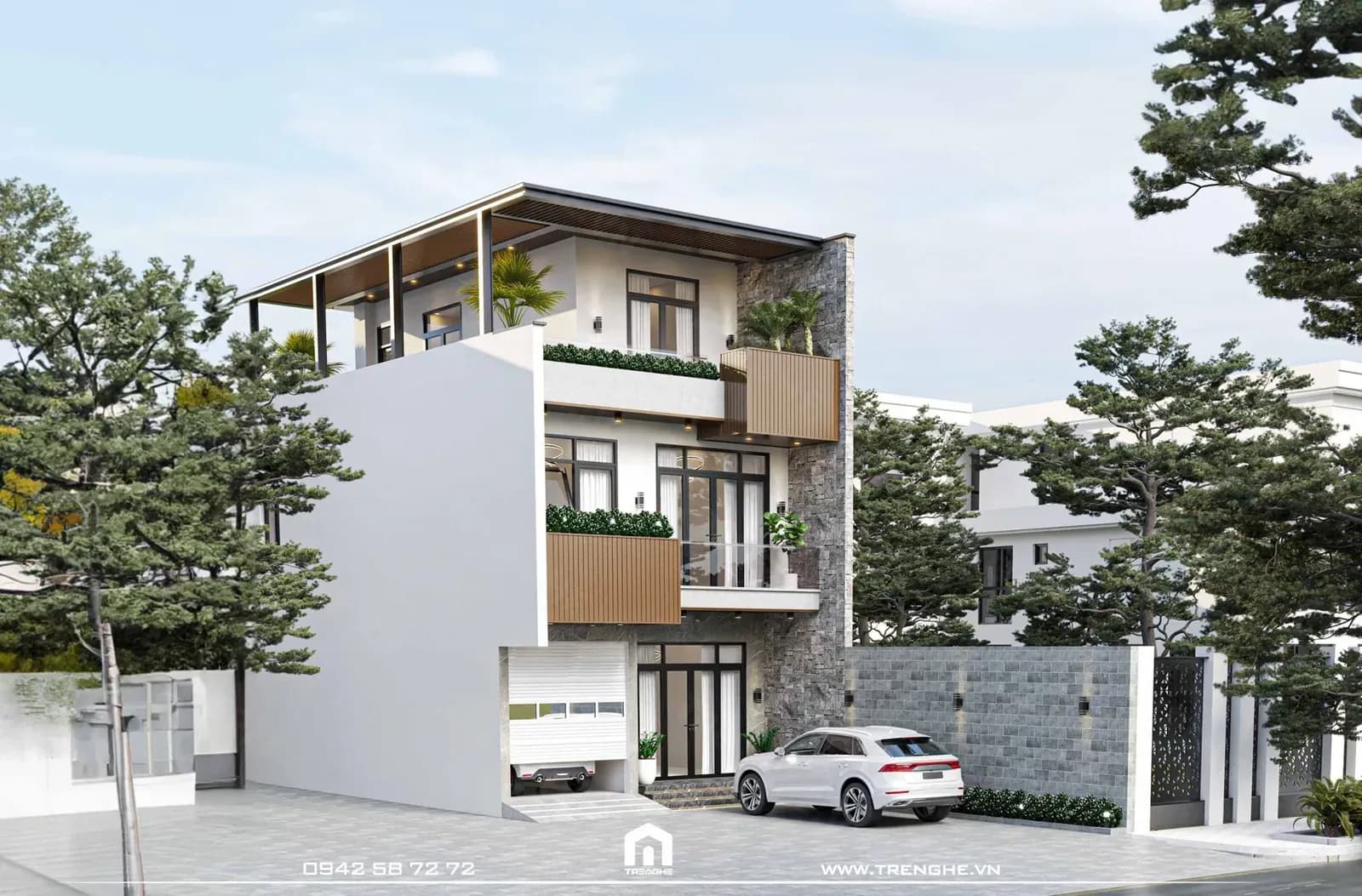 Mặt tiền T’ House sở hữu thiết kế ấn tượng với gam màu trung tính đan xen