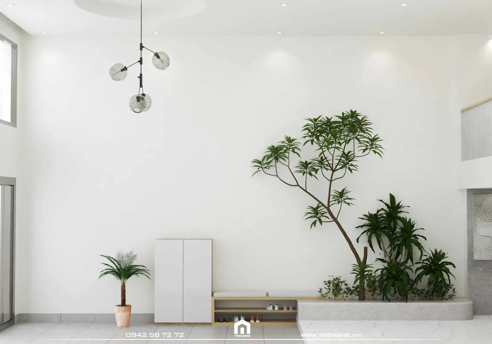 Khu vực tiểu cảnh cây xanh liền kề cửa chính nhà phố T’ House