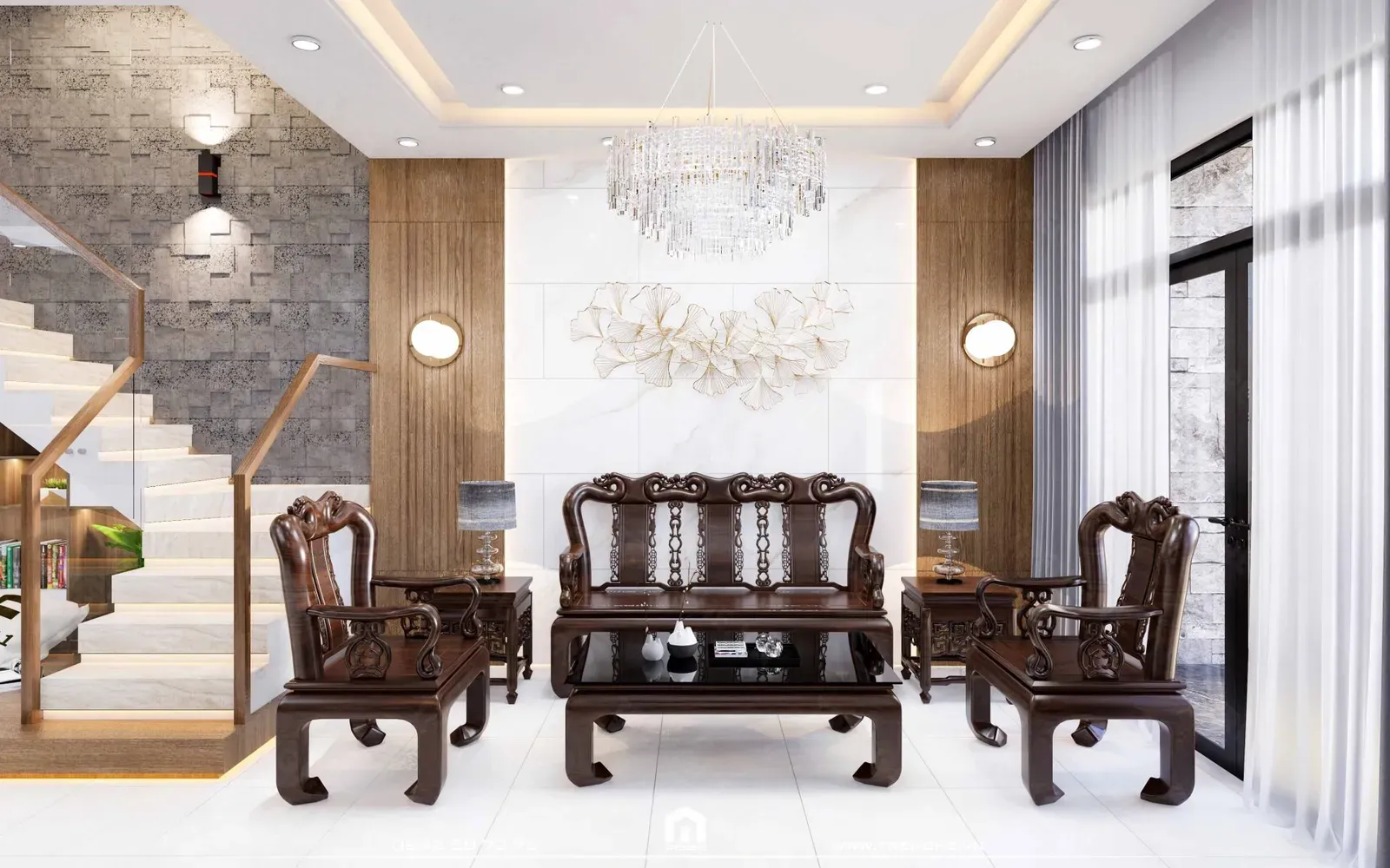 Giữa khu vực phòng khách nhà phố T’ House được bố trí một bộ tràng kỷ