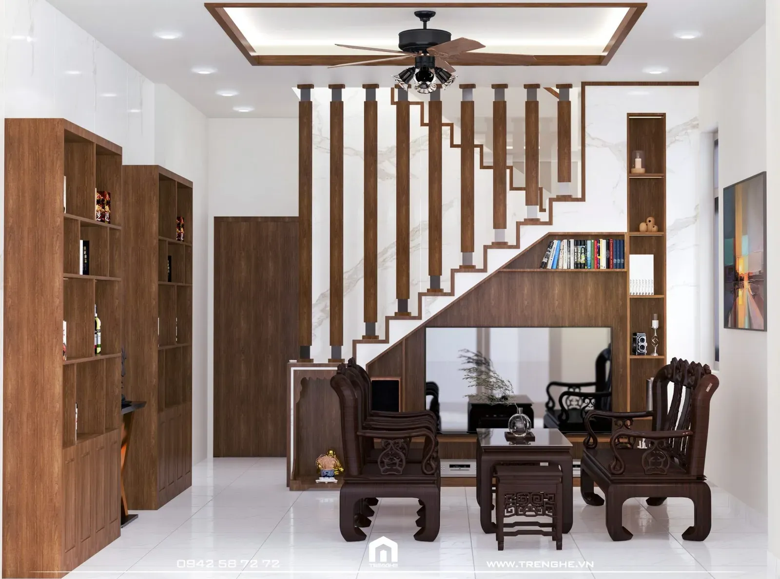 Không gian phòng khách sử dụng vật liệu gỗ chủ đạo