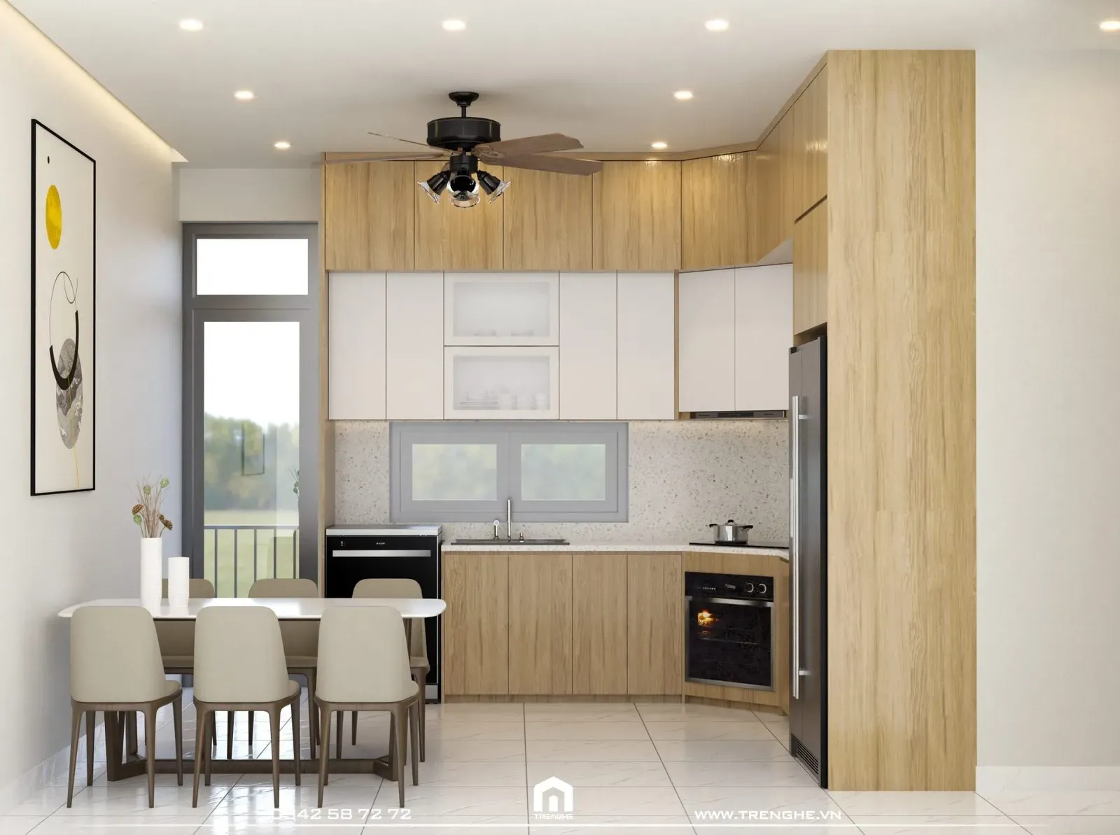 Không gian bếp nhà phố TA’ House được bố trí cửa lớn để đối lưu không khí
