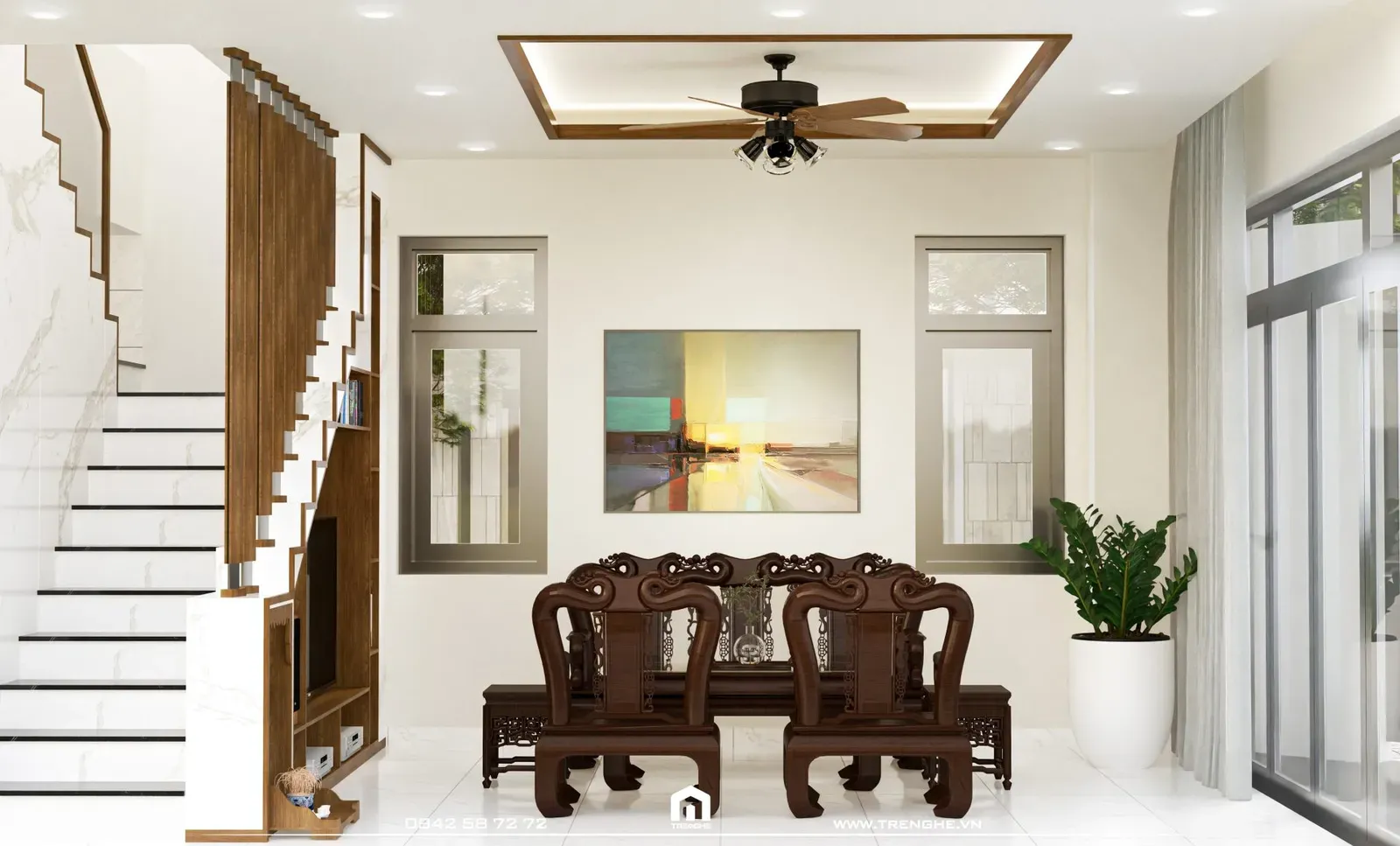 Thiết kế khu vực cầu thang liền kề phòng khách nhà phố TA’ House