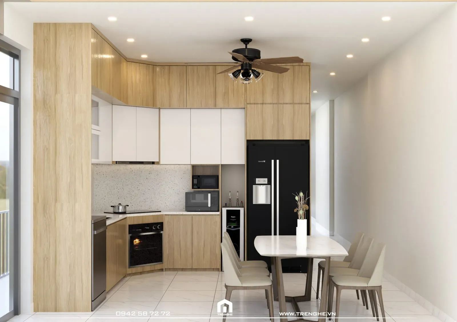Khu vực bếp chữ C sử dụng gỗ vân sáng tại nhà phố TA’ House