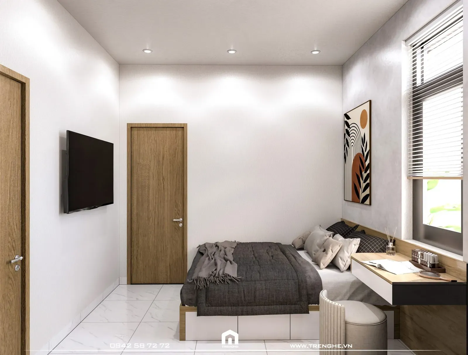 Tre Nghệ bố trí giường ngủ cỡ queen size