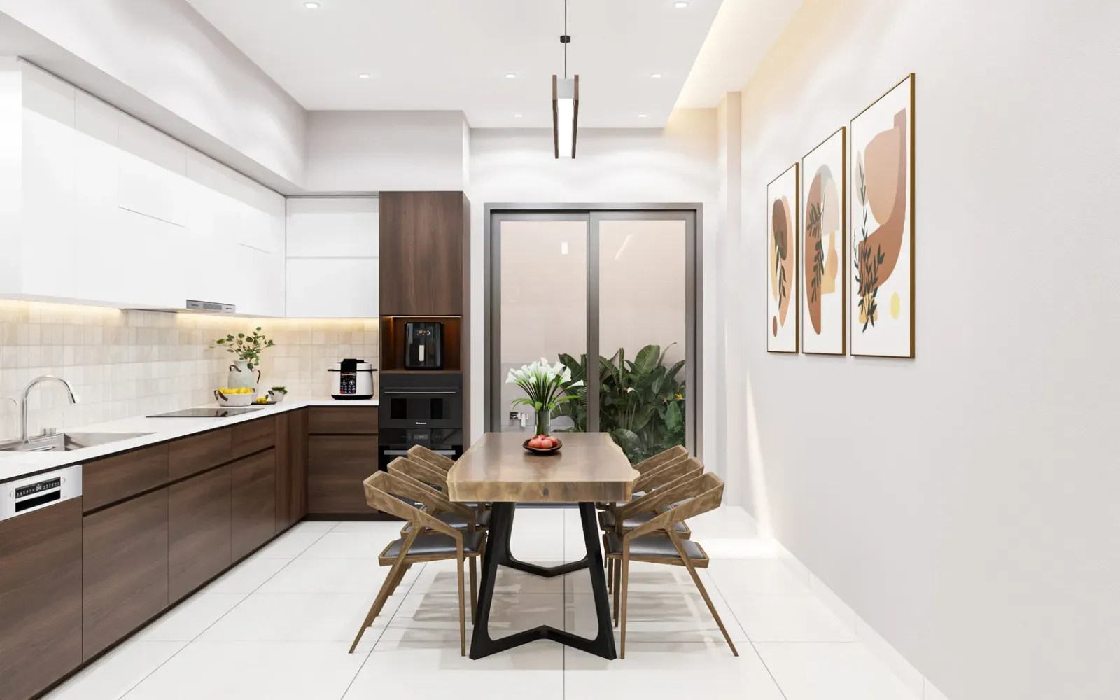 Gian bếp chữ L với hệ tủ bếp kịch trần trên và dưới phối gam màu nâu – trắng tinh tế