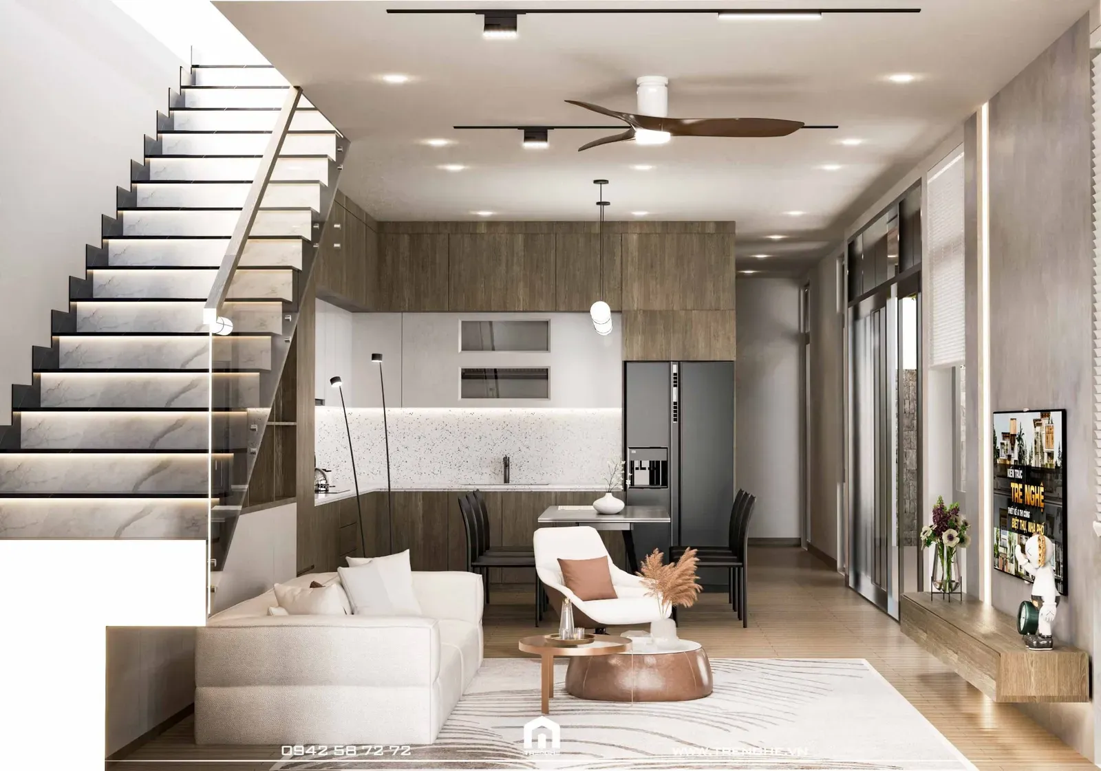 Không gian phòng khách ấm cúng với gam màu nâu chủ đạo tại V’ House
