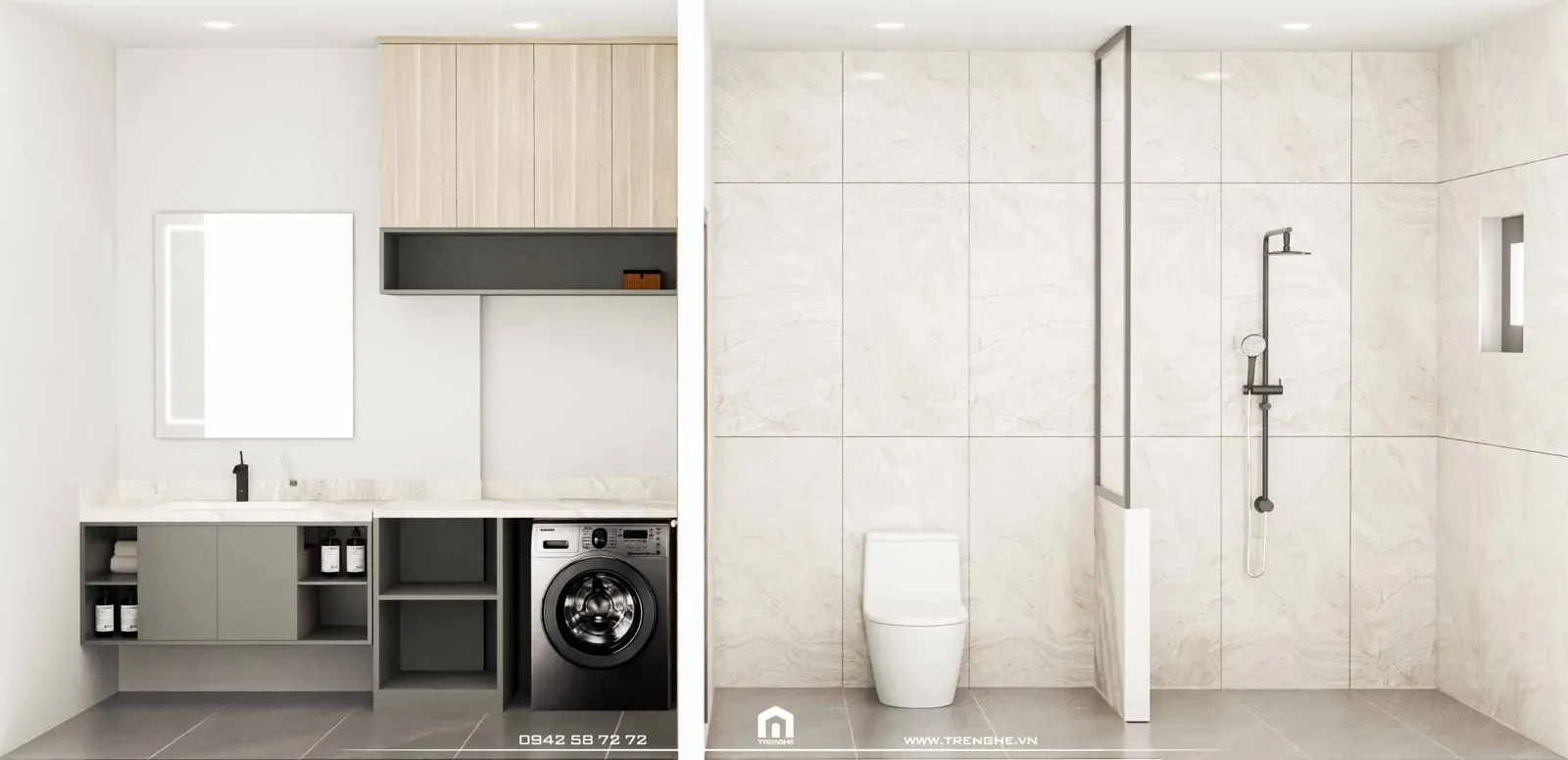 Không gian phòng vệ sinh nhà phố V’ House sử dụng gam màu trung tính