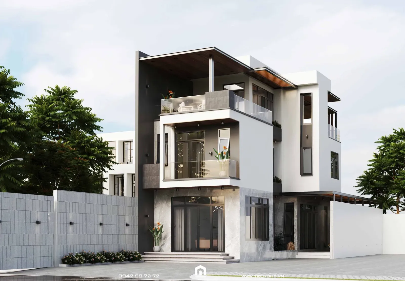 Mặt tiền biệt thự D’ Villa được sử dụng 60% là vật liệu hiện đại