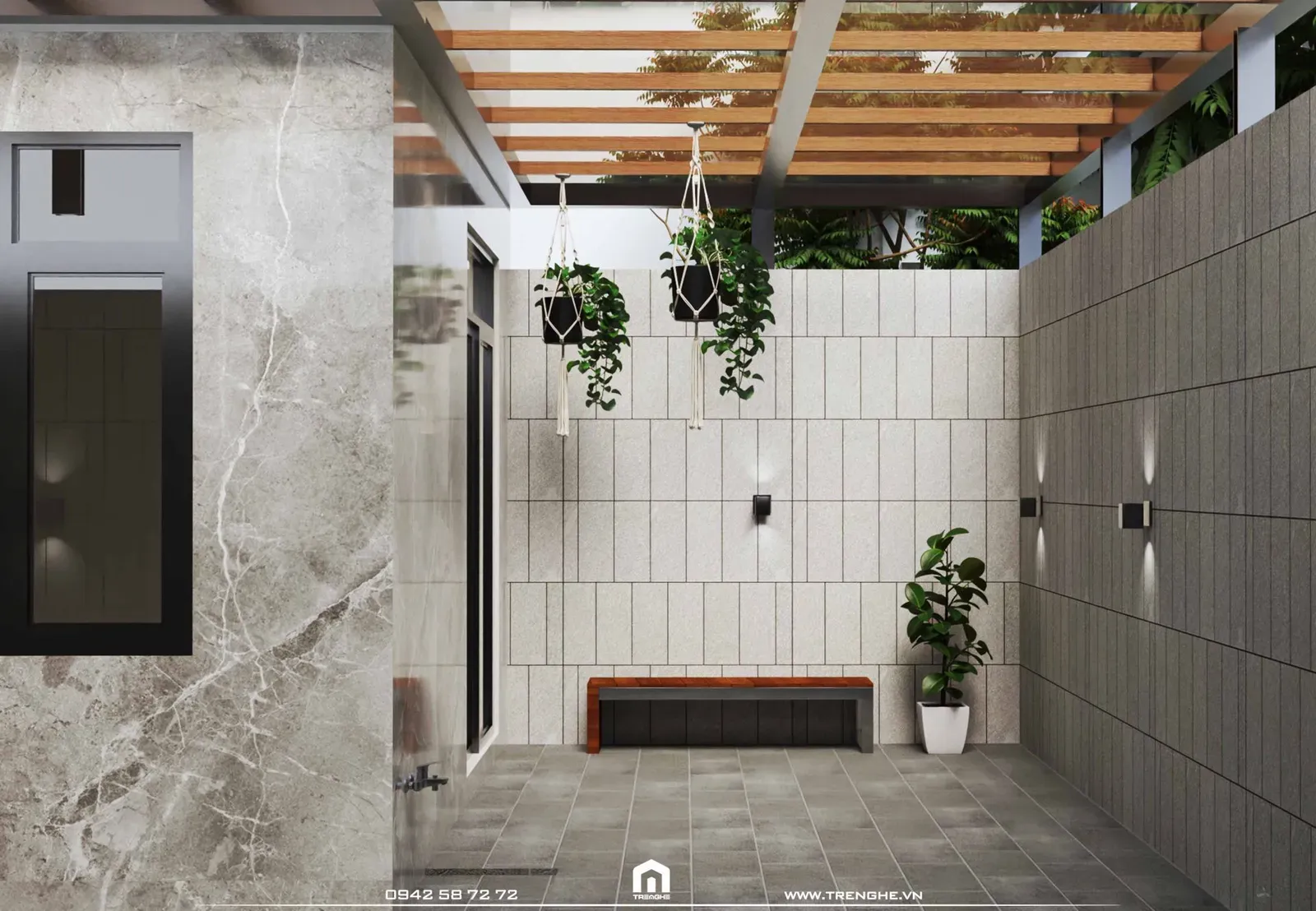 Tre Nghệ sử dụng đá marble vân mây và gạch nhám ốp tường cho ngoại thất biệt thự D’ Villa