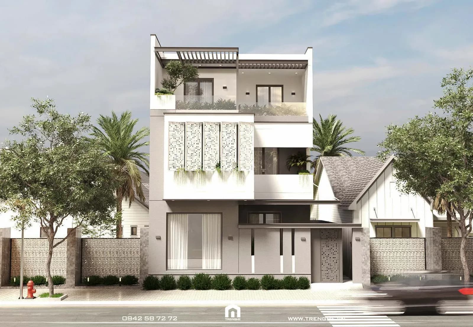 Kiến trúc mặt tiền T’ House sử dụng gam màu trắng – xám làm chủ đạo