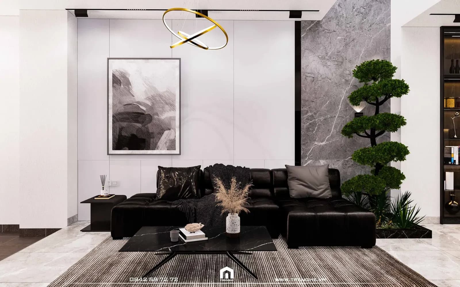 Nổi bật giữa phòng khách là bộ sofa góc L