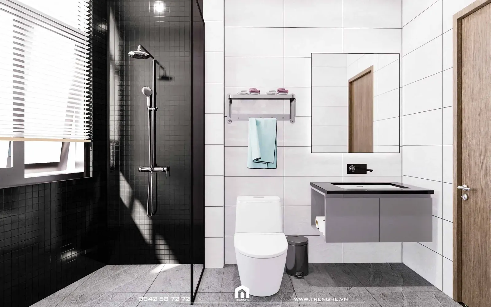 Nhà vệ sinh phòng ngủ master sử dụng bức tường trang trí màu xám đậm làm điểm nhấn