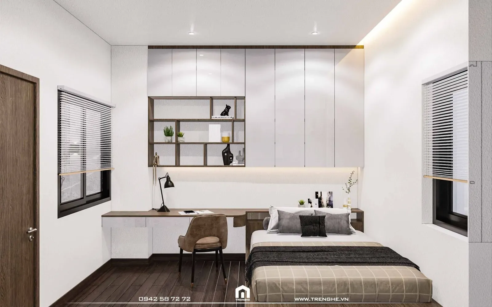 Phòng ngủ cho bé sử dụng chất liệu chính là gỗ và acrylic gam màu trắng
