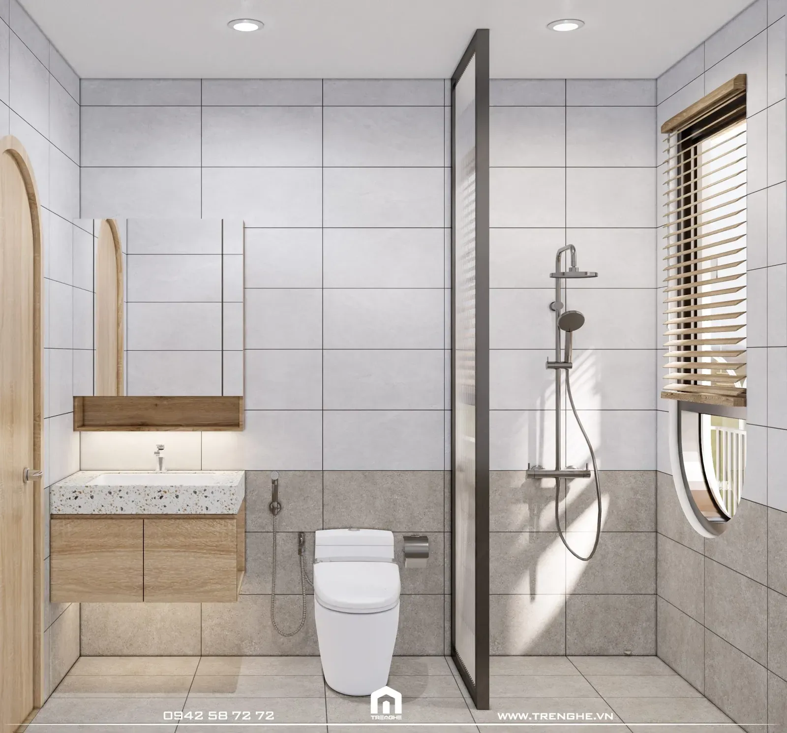 Nhà vệ sinh được thiết kế đơn giản, sắp xếp vừa đủ các vật dụng tiện ích