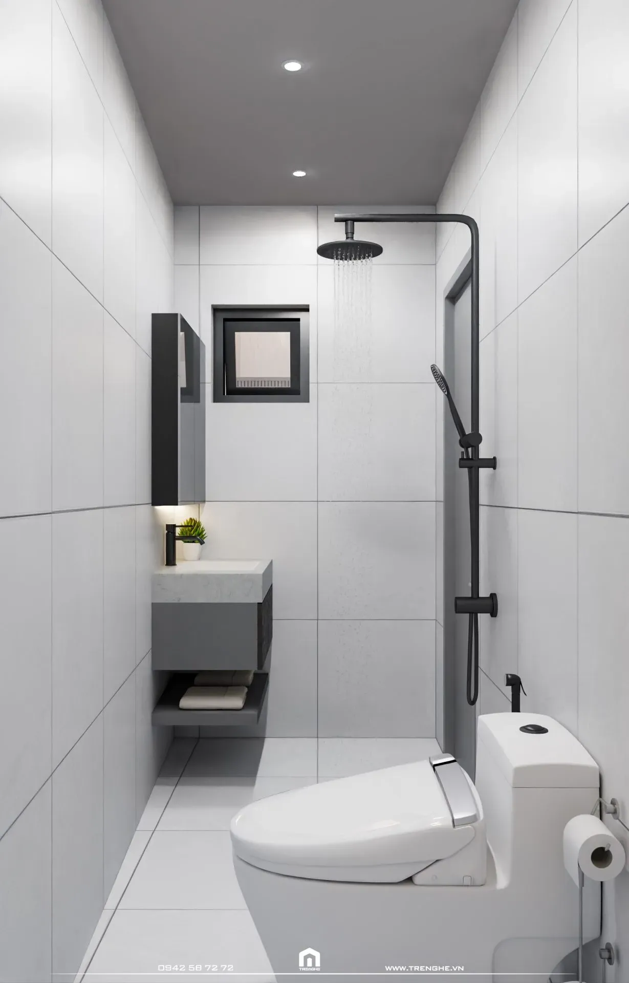 Nhà vệ sinh được thiết kế tối giản và lắp đặt đầy đủ các tiện ích cơ bản
