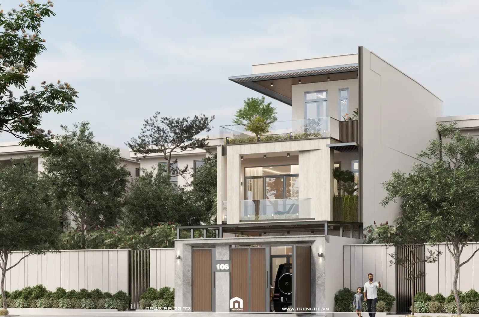 Mặt tiền nhà phố B’ House nổi bật với bảng màu trung tính gồm xám và be nhạt