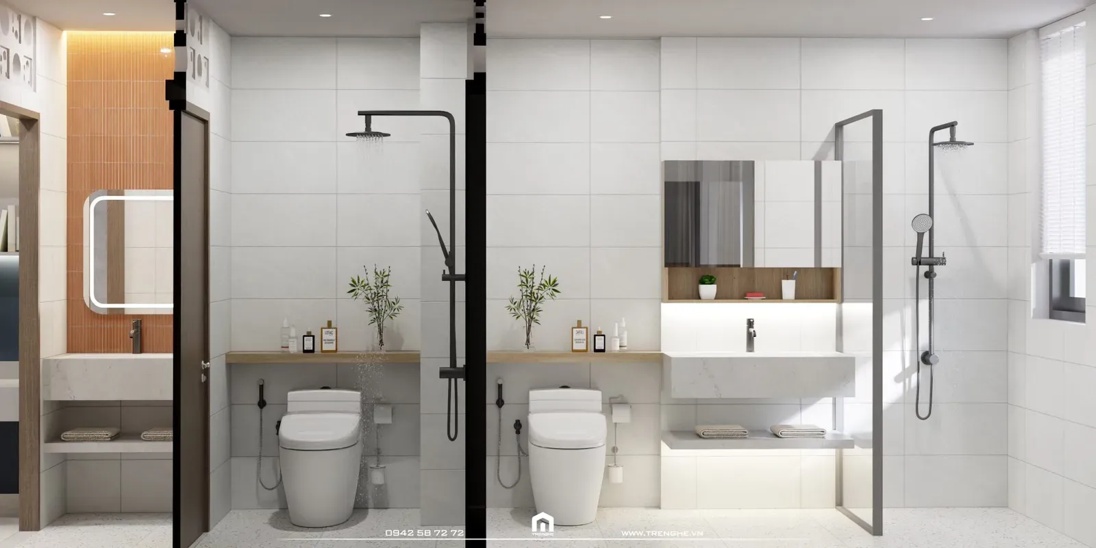 Tại tầng hai, các phòng vệ sinh được Kiến Trúc Sư Tre Nghệ thiết kế tối giản, chú trọng cảm giác rộng rãi và tinh sạch nhờ