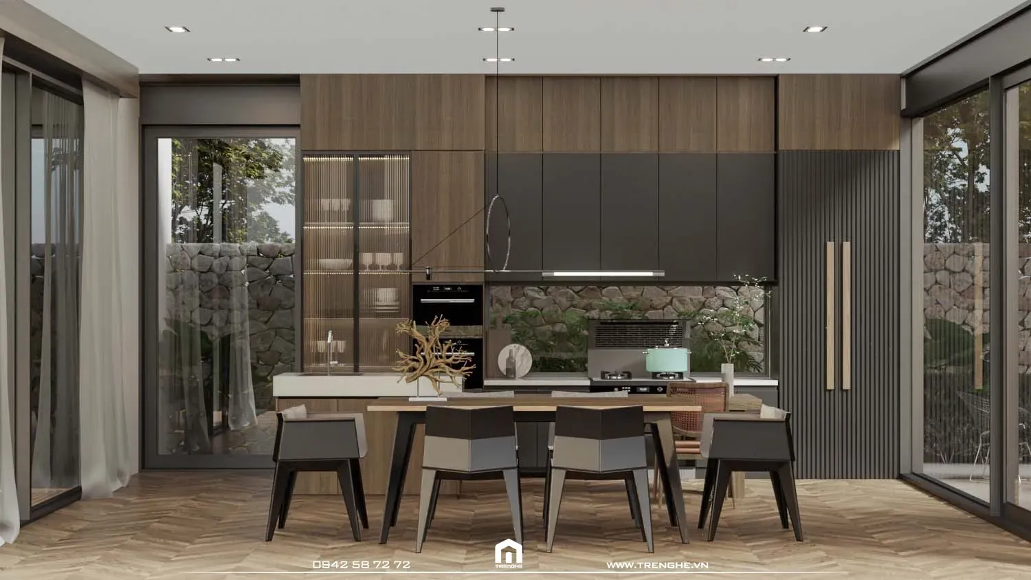 Phòng bếp C’ Villa lắp đặt các cửa kính xung quanh tăng hiệu ứng ánh sáng cho căn phòng
