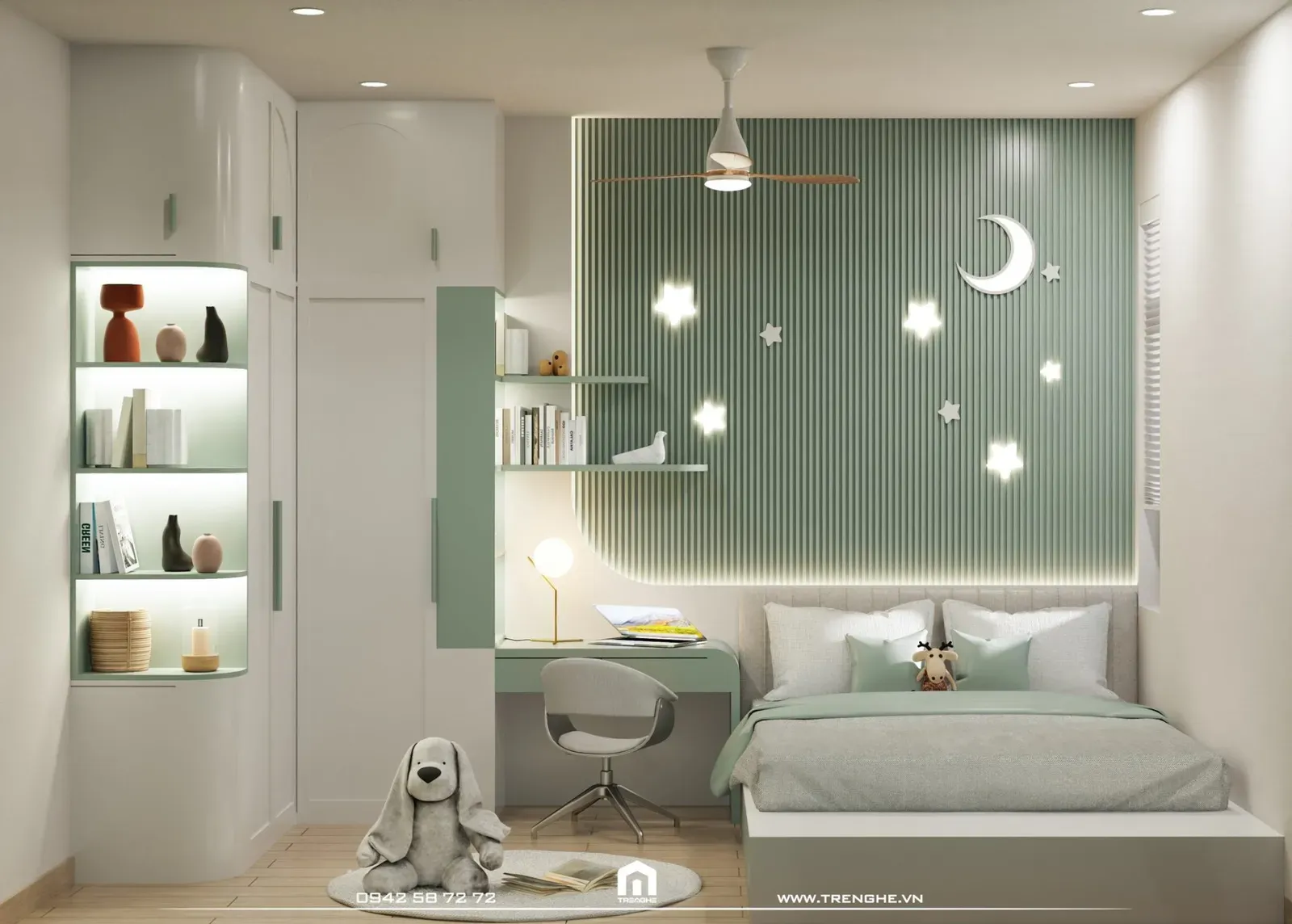 Phòng ngủ cho bé trai sử dụng gam màu xanh mint – trắng làm chủ đạo