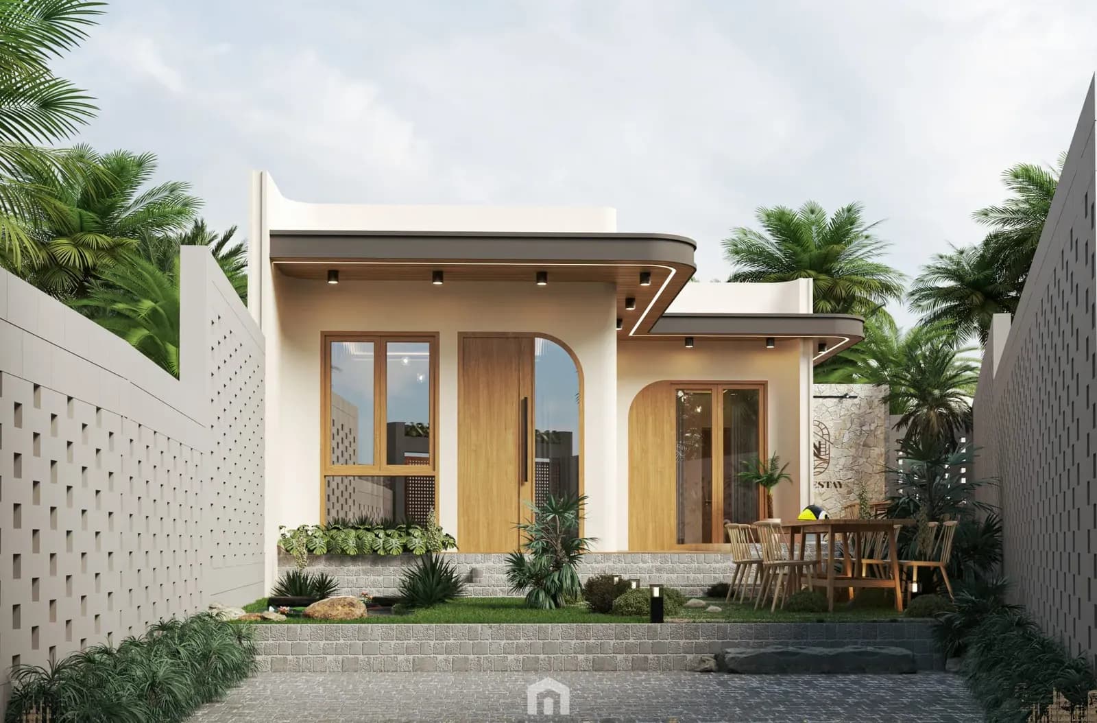 Mặt tiền P’ Homestay được thiết kế theo phong cách hiện đại và tối giản