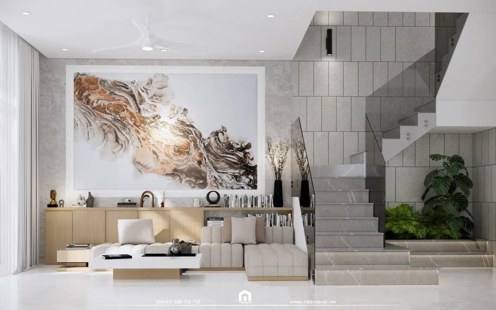 Phòng khách nhà phố D’ House sử dụng phong cách thiết kế hiện đại