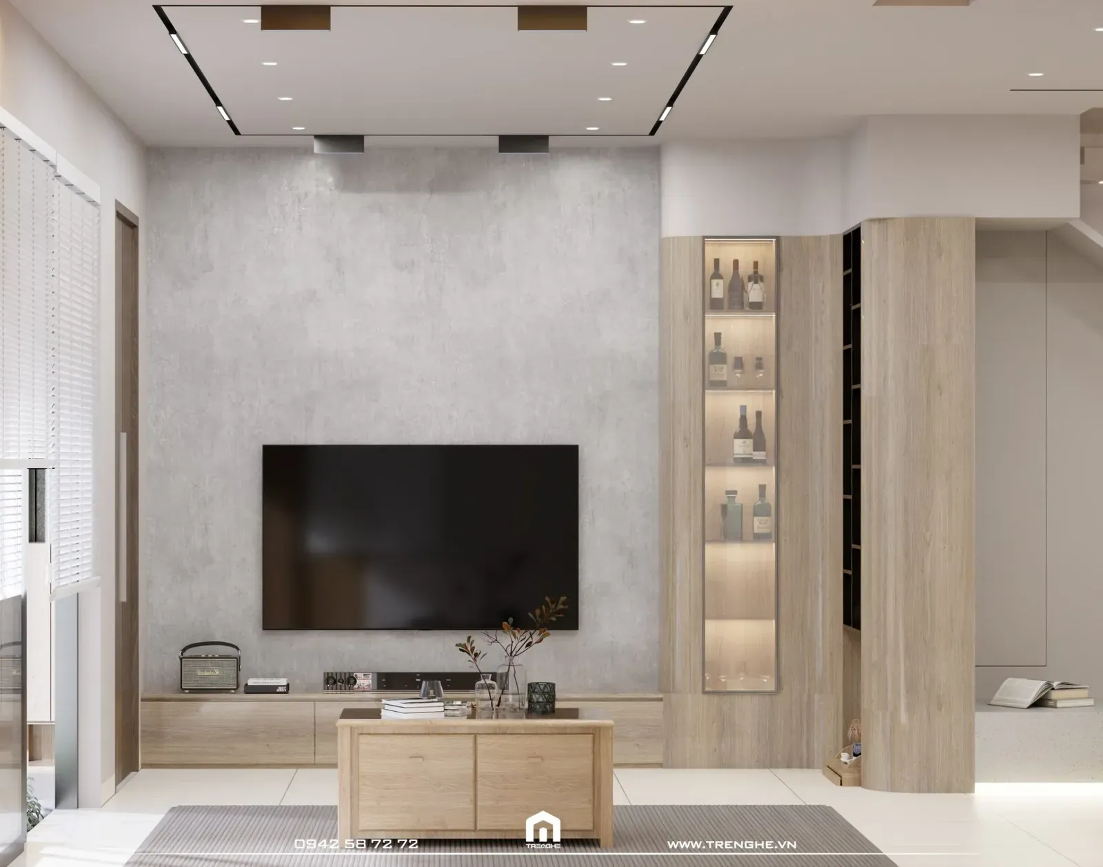 Phòng khách nhà phố N’ House được thiết kế theo phong cách hiện đại và tối giản