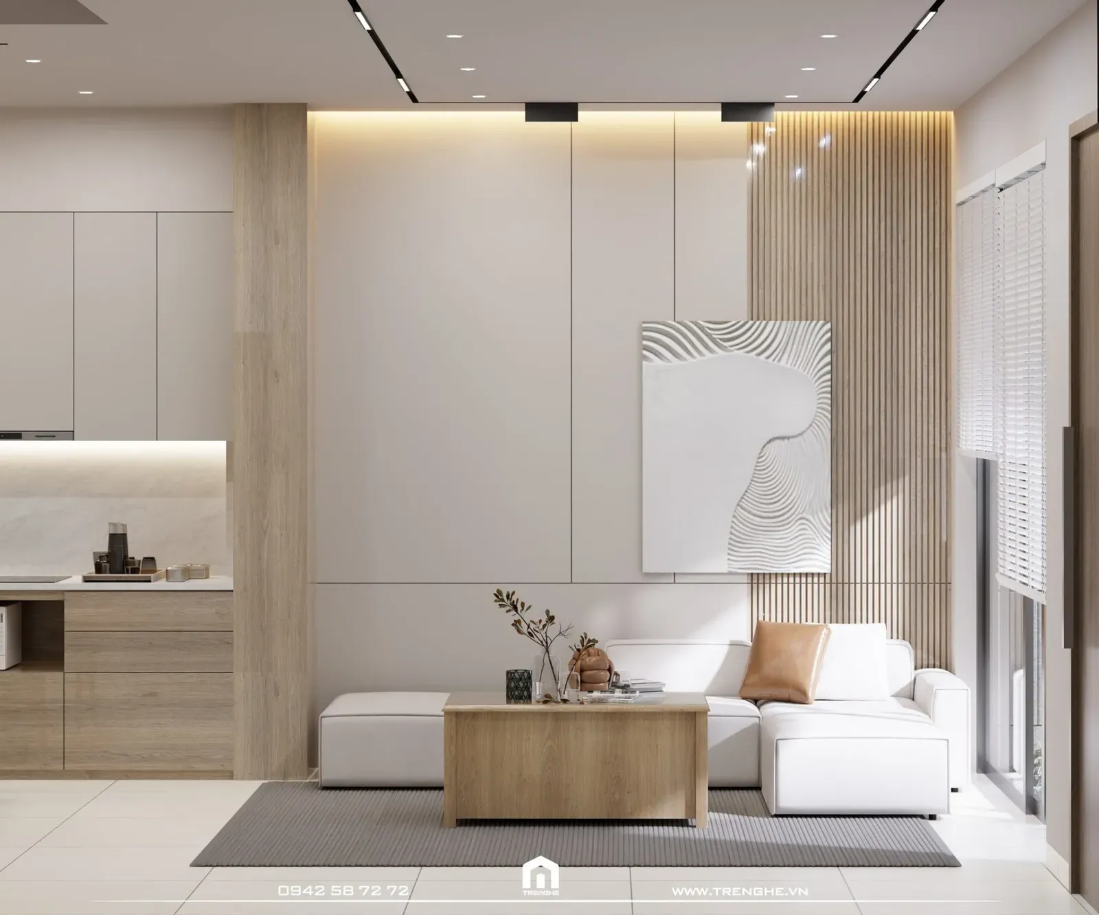 Phòng khách nhà phố N’ House sử dụng gam màu trung tính làm chủ đạo