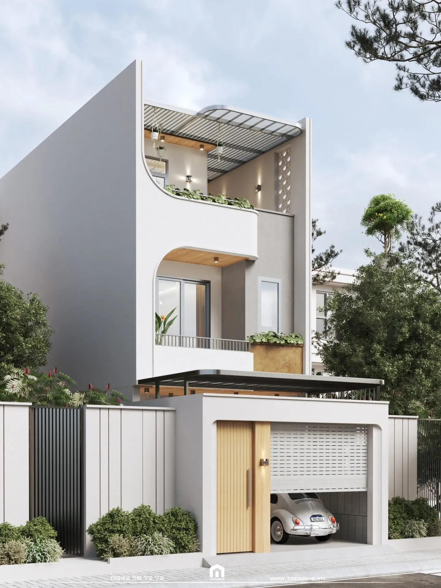 Mặt tiền nhà phố N’ House là sự kết hợp giữa các đường thẳng mạnh mẽ cùng những đường nét bo góc mềm mại