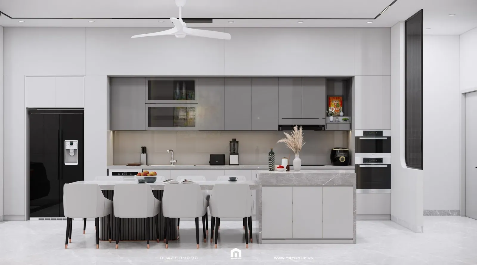 Phòng bếp H’ House được thiết kế mở, liên thông với khu vực garage, với gam màu trắng – xám làm chủ đạo.