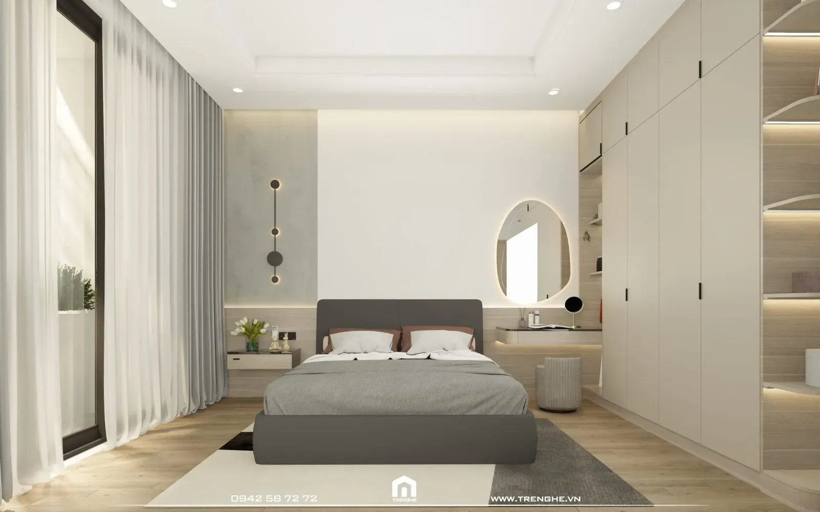 Đồ nội thất tối giản và gam màu trắng giúp phòng ngủ trông rộng rãi và thoáng đãng hơn
