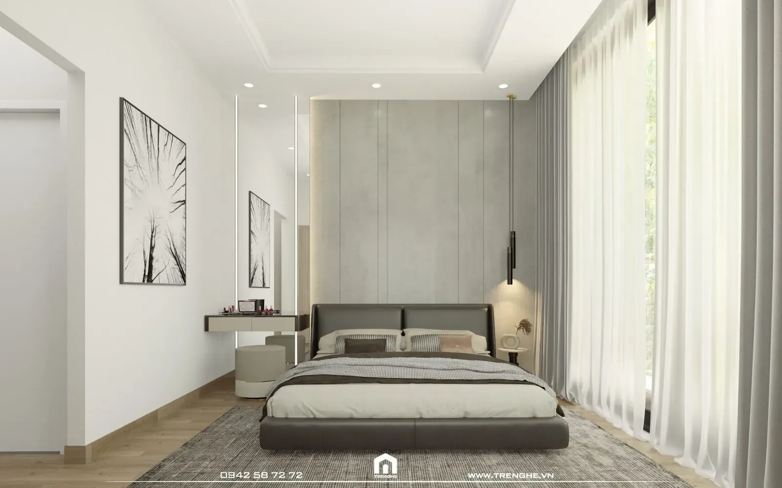 Phòng ngủ với gam màu trung tính và cách bài trí gọn gàng, đơn giản