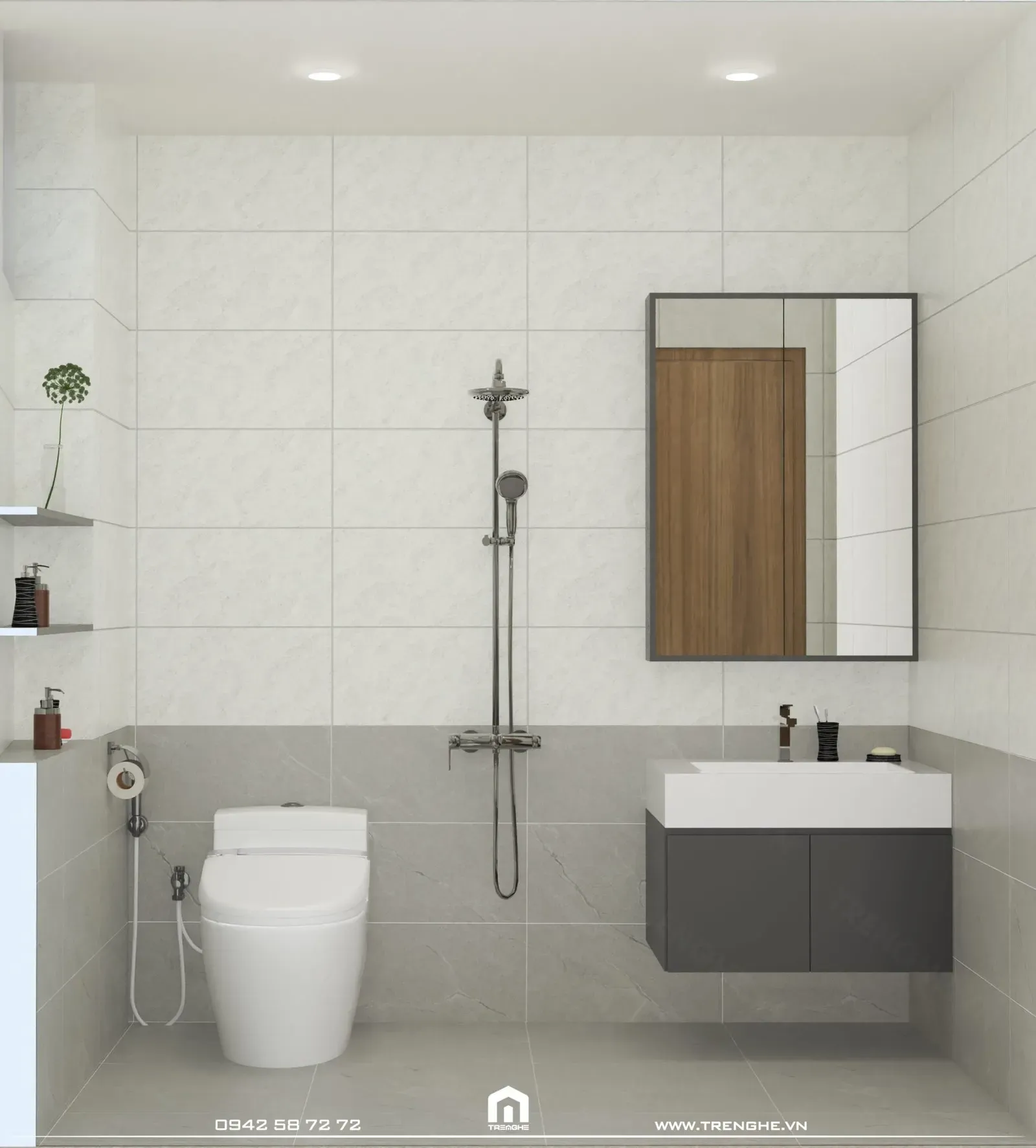Phòng vệ sinh được thiết kế tối giản với các tiện ích cơ bản